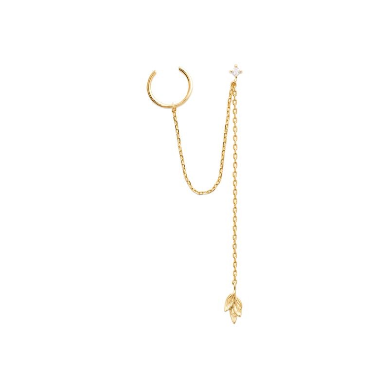 Boucles d'oreilles en plaqué or jaune 18 carats avec chaîne fine, zircon solitaire et motif feuillage, vue de face