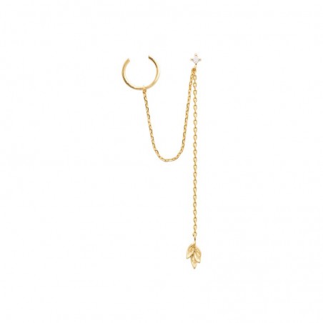 Boucles d'oreilles en plaqué or jaune 18 carats avec chaîne fine, zircon solitaire et motif feuillage, vue de face