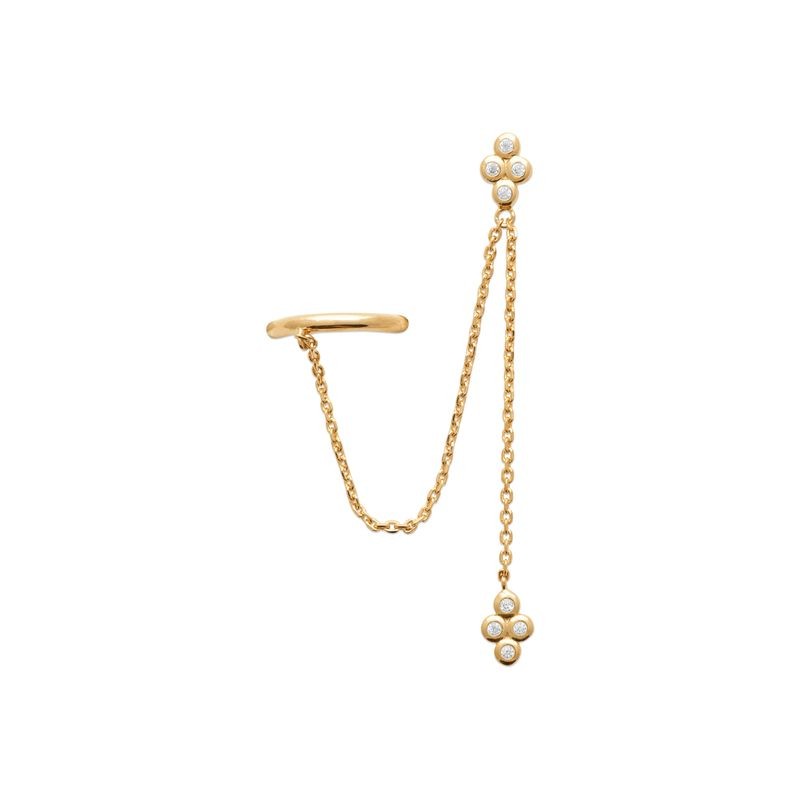 Boucles d'oreilles en plaqué or jaune 18 carats avec chaîne fine et motifs de 4 zircons micro-sertis, vue de face
