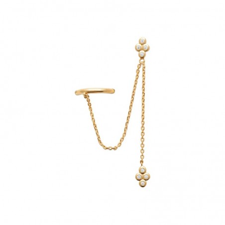 Boucles d'oreilles en plaqué or jaune 18 carats avec chaîne fine et motifs de 4 zircons micro-sertis, vue de face