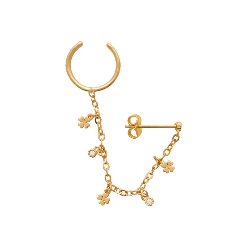 Bague d'oreille porte-bonheur en plaqué or jaune 18 carats, chaîne ornée de trèfles et zircons, vue de face.