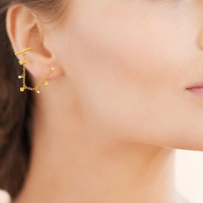Boucles d'oreilles "porte-bonheur" en plaqué or jaune 18 carats portées,