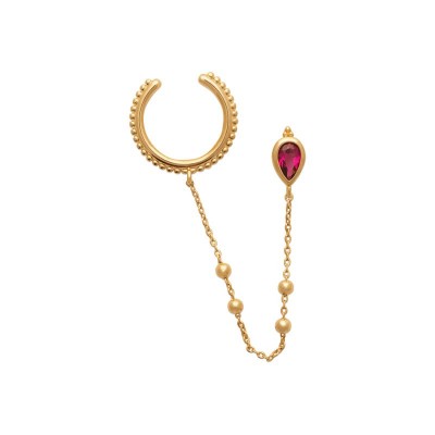Bague d'oreille en plaqué or jaune 18 carats avec chaîne perlée et goutte en oxyde rouge rubis, vue de face