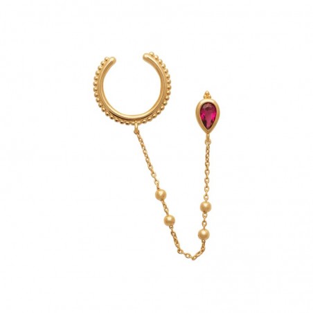 Bague d'oreille en plaqué or jaune 18 carats avec chaîne perlée et goutte en oxyde rouge rubis, vue de face