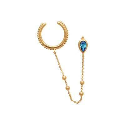 Bague d'oreille en plaqué or jaune 18 carats avec chaîne perlée et goutte en oxyde bleu, vue de face