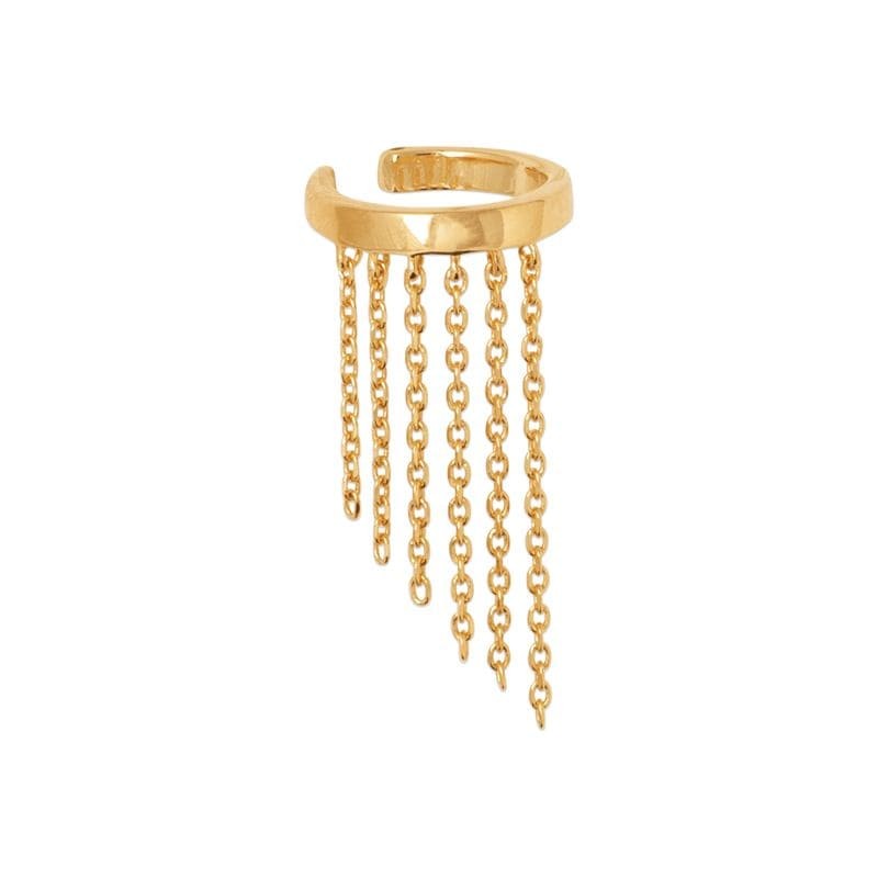 Bague d'oreille en plaqué or jaune 18 carats avec anneau large et chaînettes de longueurs différentes, vue de face