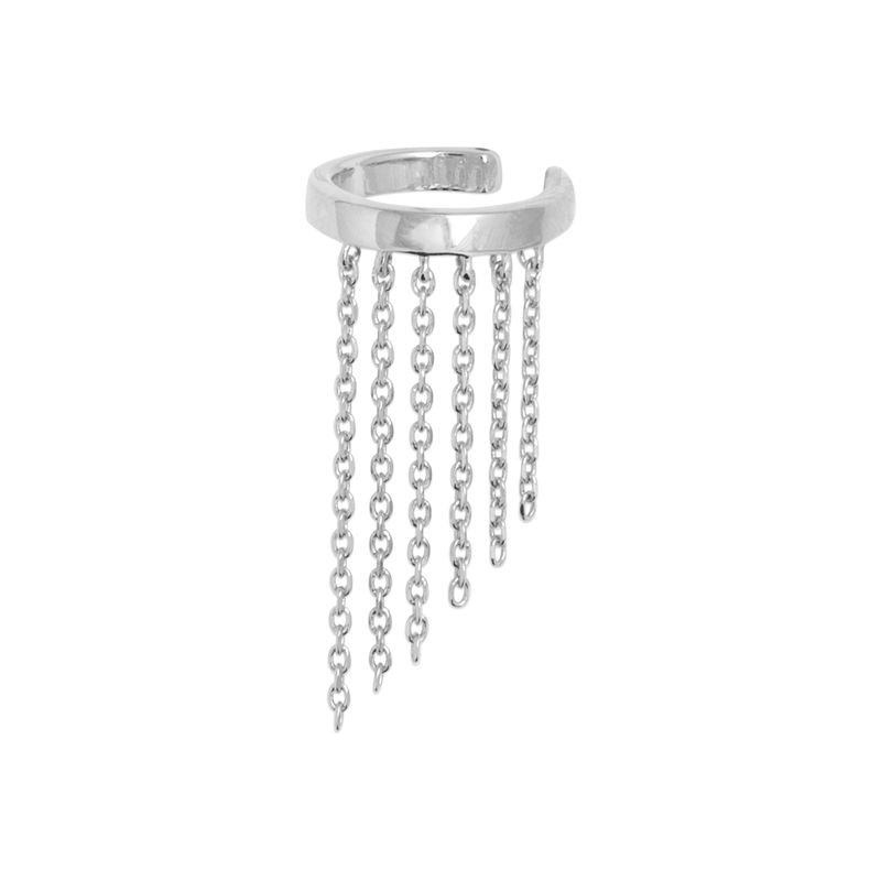 Bague d'oreille en argent rhodié avec anneau large et chaînettes de longueurs différentes, vue de face