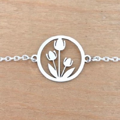 Bracelet en argent rhodié 925/1000 par CabaneTchanque, avec chaîne de 18 cm et médaillon tulipe de 16 mm