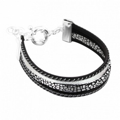 Bracelet manchette en argent et cuir noir pour femme - Gynko - Lyn&Or Bijoux