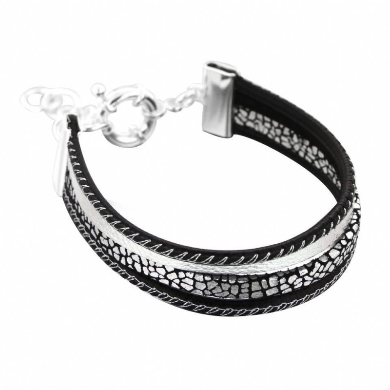 Bracelet gourmette pour femme en argent et cuir noir, Gynko Bracelet gourmette pour femme en argent et cuir noir, Gynko
