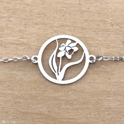 Bracelet en argent rhodié 925/1000 par CabaneTchanque, avec chaîne et médaillon jonquille entière