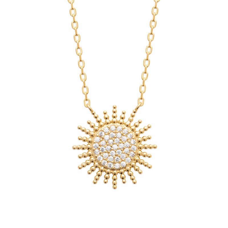 Collier Soleil pour femme en plaqué or 18 carats et zircon - Léna, chaine 45 cm réglable et pendentif soleil