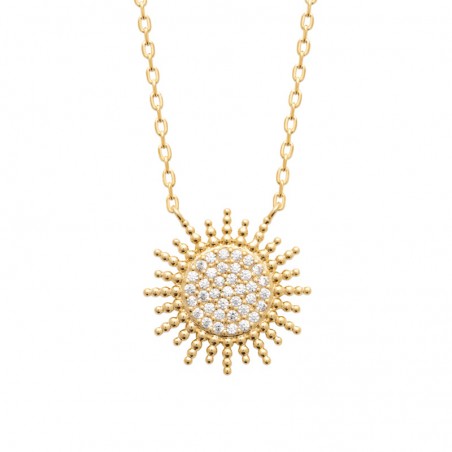 Collier Soleil pour femme en plaqué or 18 carats et zircon - Léna, chaine 45 cm réglable et pendentif soleil