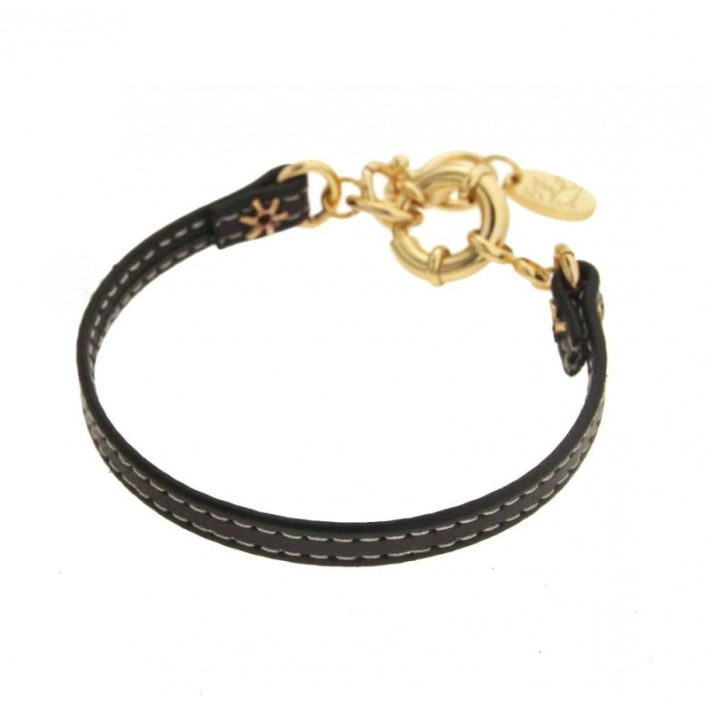 Bracelet gourmette pour femme en plaqué or et cuir noir, Limbo Bracelet gourmette pour femme en plaqué or et cuir noir, Limbo