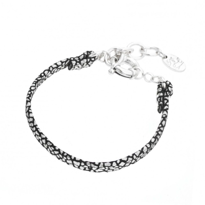 Bracelet pour femme en argent et cuir noir craquelé, Manca Bracelet pour femme en argent et cuir noir craquelé, Manca