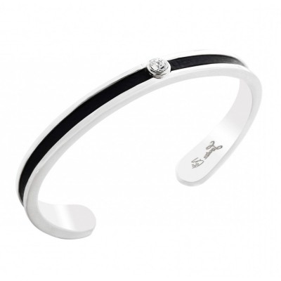 Bracelet jonc en argent, cuir noir, Swarovski pour femme - Badya - Lyn&Or Bijoux