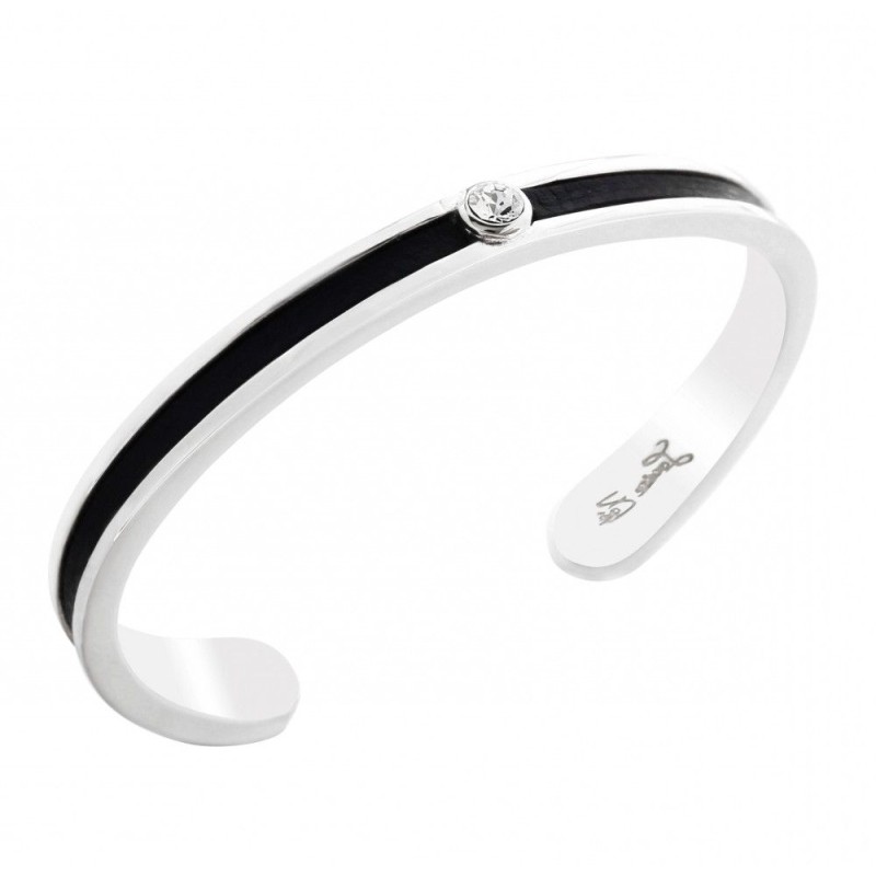 Bracelet Jonc en argent, cuir noir et cristal de Swarovski, Badya Bracelet Jonc en argent, cuir noir et cristal de Swarovski, Badya