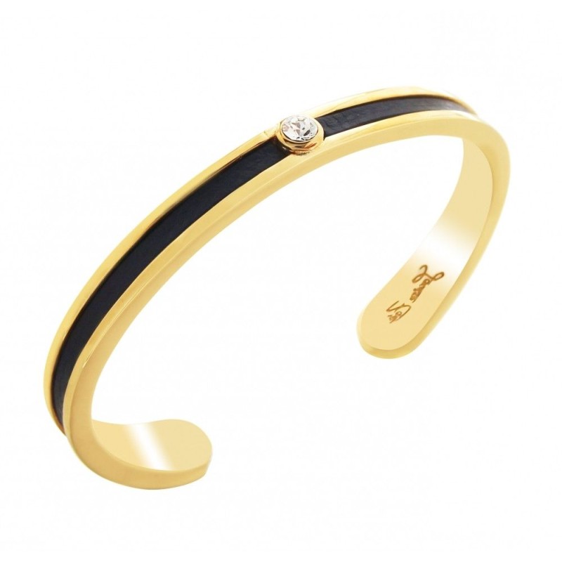 Bracelet Jonc plaqué or, cuir noir et cristal de Swarovski, Badya Bracelet Jonc plaqué or, cuir noir et cristal de Swarovski, Badya