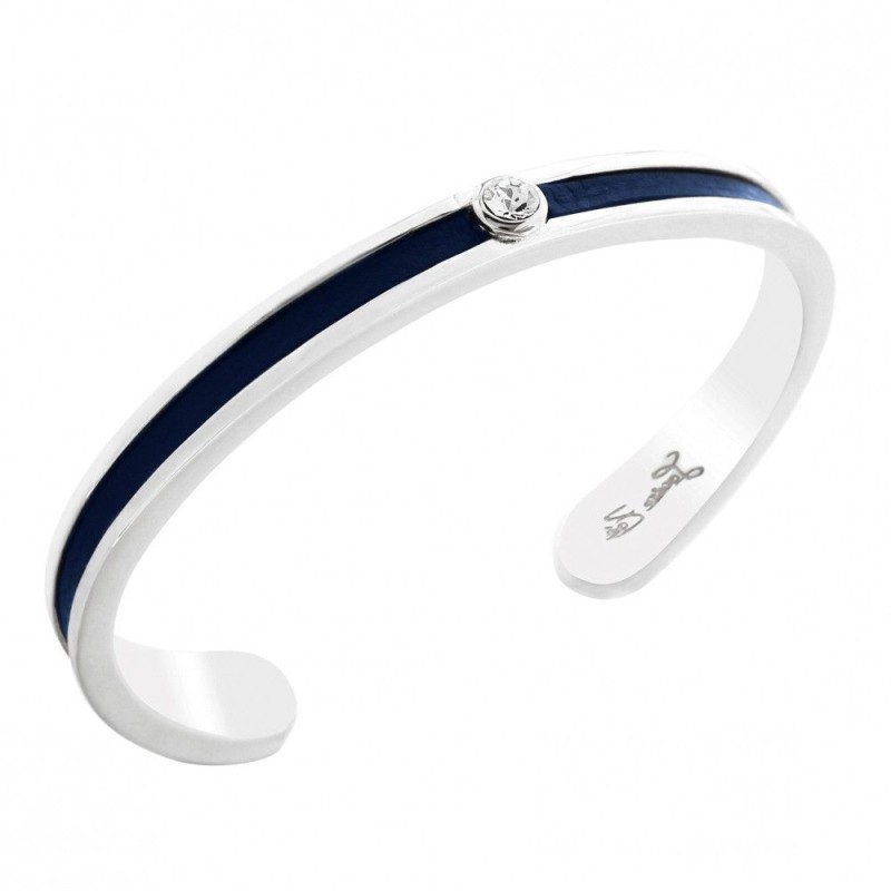 Bracelet Jonc en argent, cuir bleu nuit, cristal de Swarovski Bracelet Jonc en argent, cuir bleu nuit, cristal de Swarovski