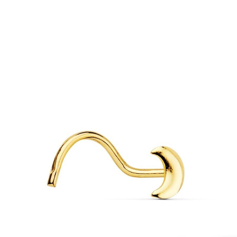 Piercing de nez en or 18 carats motif lune sur fond crème