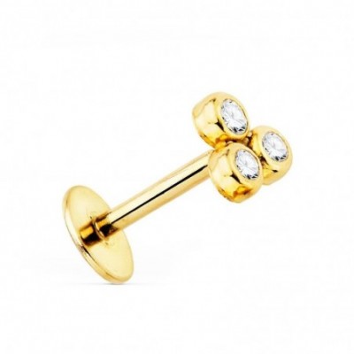 Piercing d'oreille poétique avec 3 oxydes de zirconium microsertis dans des supports en or massif