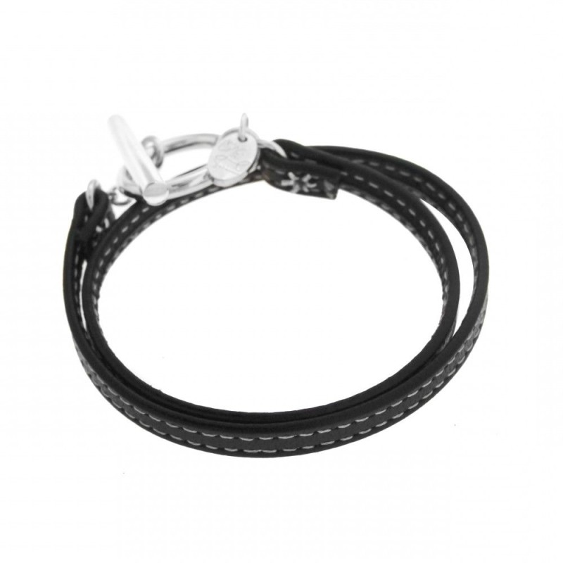 Bracelet gourmette pour femme en argent et cuir noir, Funk Bracelet gourmette pour femme en argent et cuir noir, Funk