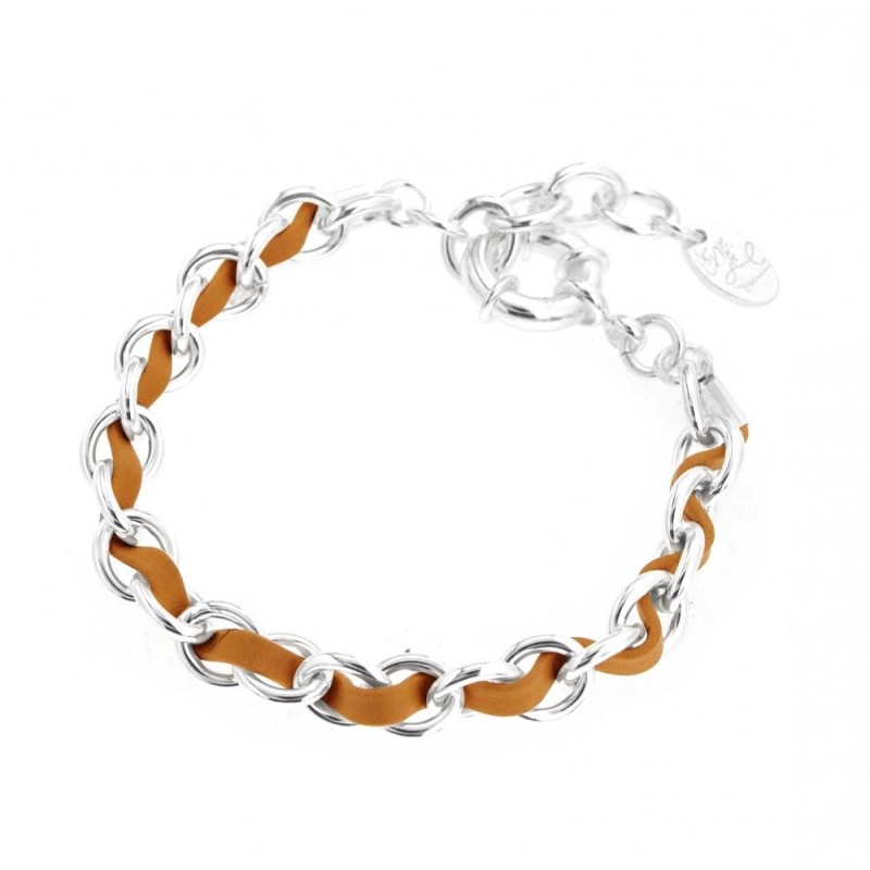 Bracelet pour femme en argent et cuir beige, Double Entrelacs Bracelet pour femme en argent et cuir beige, Double Entrelacs