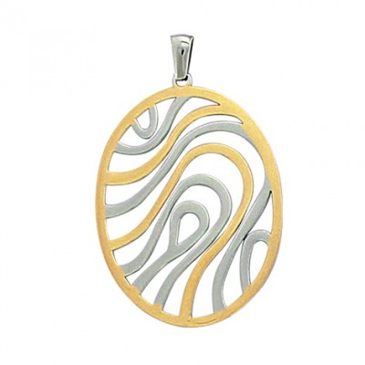 Pendentif Alizé – Ovale grand format en acier doré & argenté, motif vague