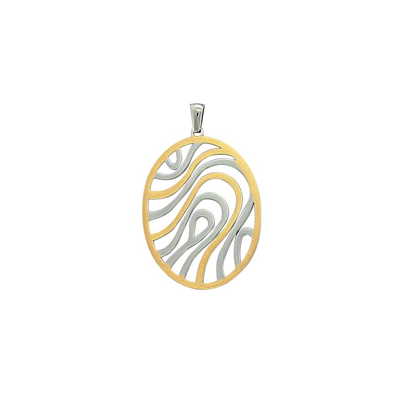 Pendentif Alizé – Ovale grand format en acier doré & argenté, motif vague
