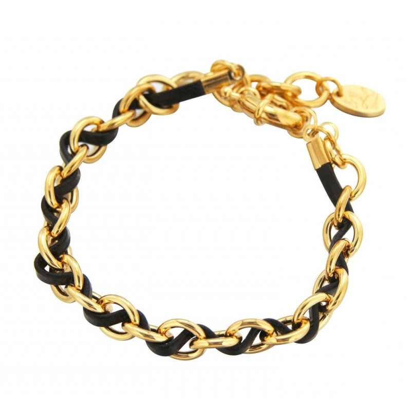 Bracelet pour femme en plaqué or et cuir noir, Double Entrelacs Bracelet pour femme en plaqué or et cuir noir, Double Entrelacs
