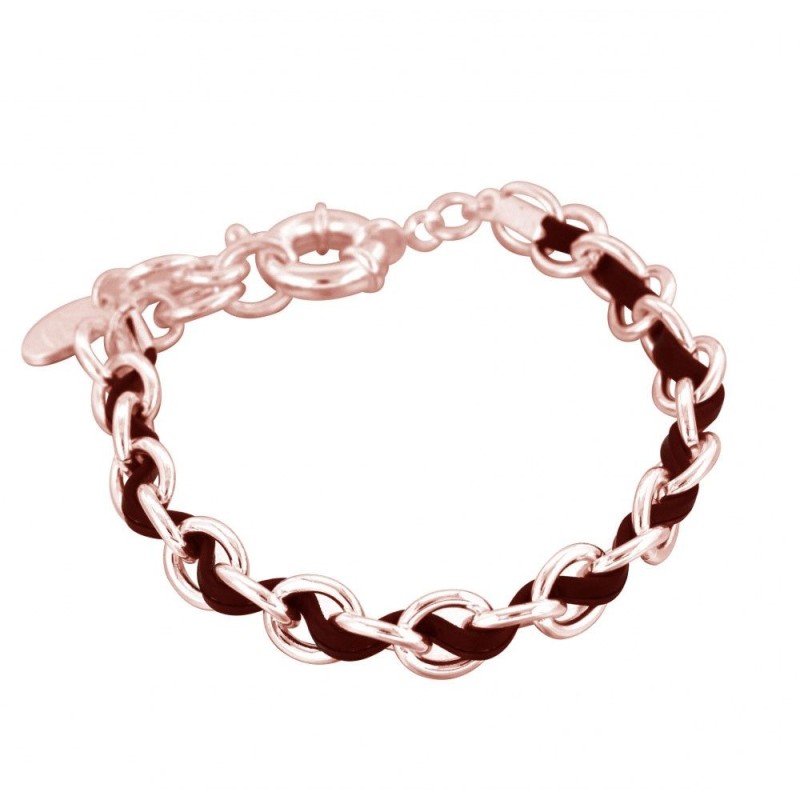 Bracelet femme en plaqué or rose et cuir noir, Double Entrelacs Bracelet femme en plaqué or rose et cuir noir, Double Entrelacs