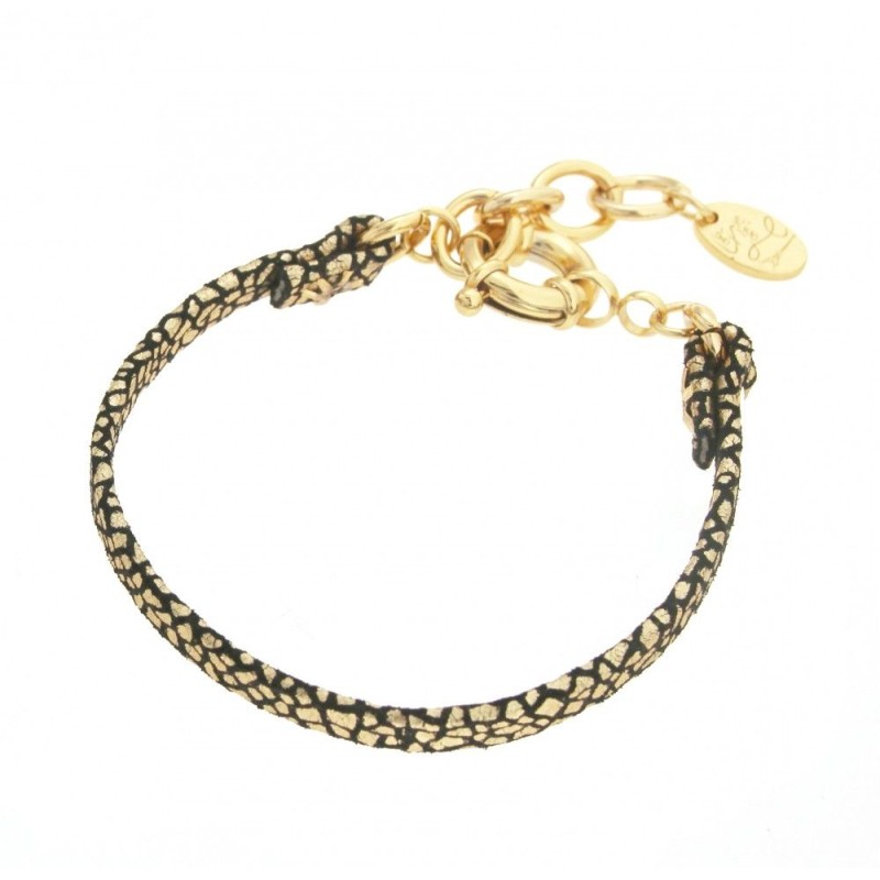 Bracelet pour femme en plaqué or et cuir noir craquelé, Manca Bracelet pour femme en plaqué or et cuir noir craquelé, Manca