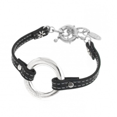 Bracelet argent et cuir noir LZB pour femme - Cercle Griffé - Lyn&Or Bijoux