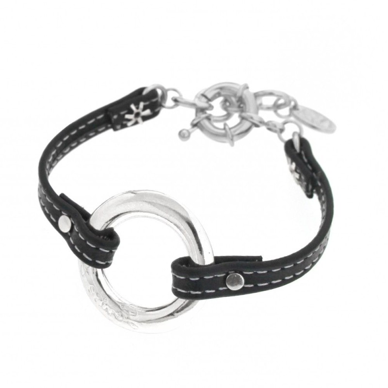 Bracelet pour femme en argent et cuir noir, Cercle Griffé Bracelet pour femme en argent et cuir noir, Cercle Griffé