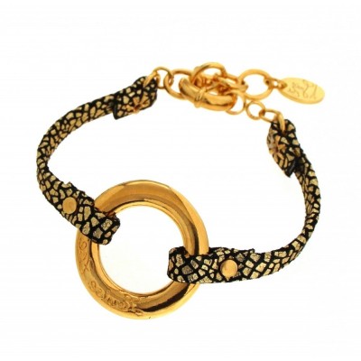 Bracelet cuir noir craquelé LZB pour femme - Cercle Griffé - Lyn&Or Bijoux