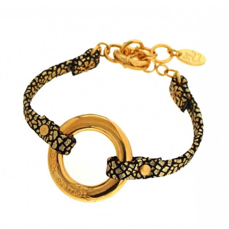 Bracelet femme en plaqué or et cuir noir craquelé, Cercle Griffé Bracelet femme en plaqué or et cuir noir craquelé, Cercle Griffé