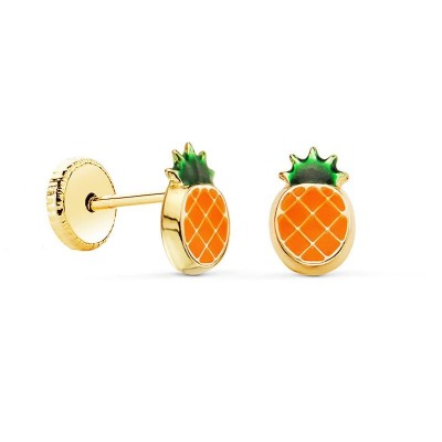 Boucles d'oreilles ananas en or, fermoir à vis, pour bébé - Email orange