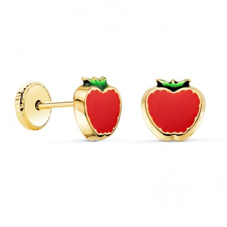 Boucles d'oreilles pomme en or, fermoir à vis, pour bébé - Email rouge