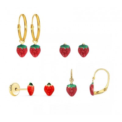 Boucles d'oreilles fillette en or massif et émail - Fraise