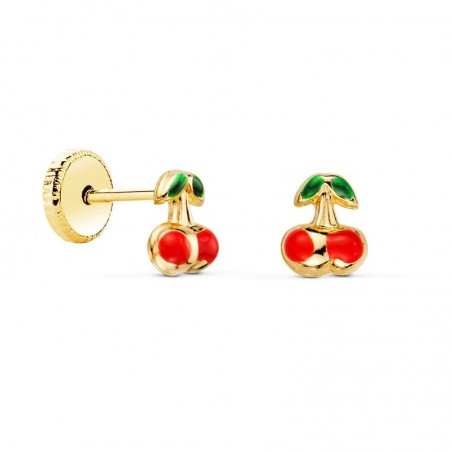 petites boucles d'oreilles pour bébé en forme de cerises, or 18 carats et émail, fermoir à vis