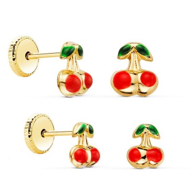 Boucles d'oreilles pour fille en or massif, à visser - Cerises rouges