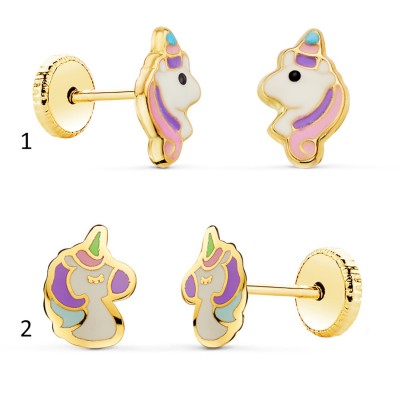 Boucles d'oreilles licorne multicolore en or jaune 18k et émail, fermoir à vis