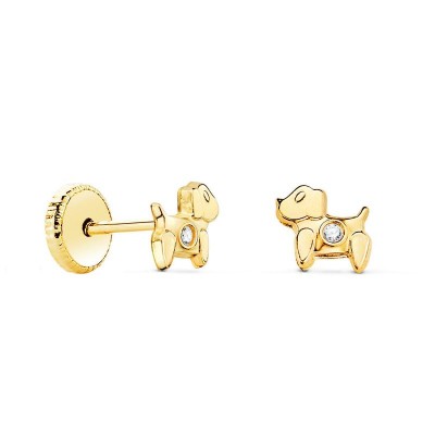 Boucles d'oreilles chien à visser, or 18k et zircon, bijou pour bébé