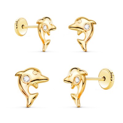 Boucles d'oreilles dauphin à visser, or 18k et zircon, bijou pour bébé