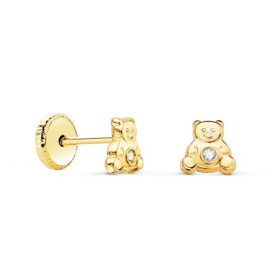 Boucles d'oreilles ourson à visser, or 18k et zircon, bijou pour bébé