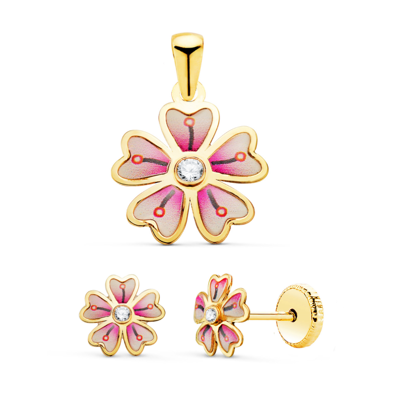 Parure or 18 carats, fermoir à vis - Fleur rose délicate