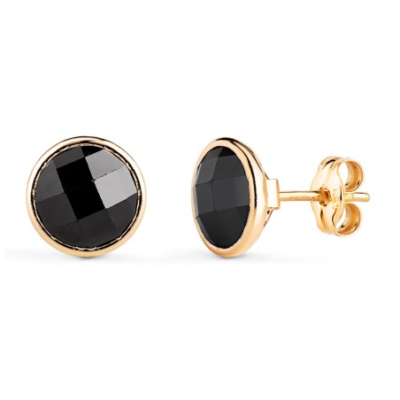 Boucles d'oreille pierre noire facettée 8 mm, or 18 carats et zircon - Liberté
