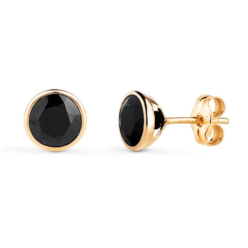 Puces d'oreille pierre noire facettée 6 mm, or 18 carats et zircon - Liberté