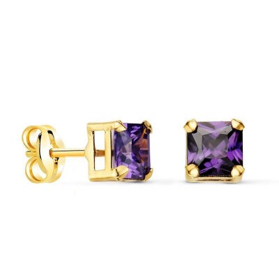 Boucles d'oreille pierre violette carrée, or 18 carats et zircon -...
