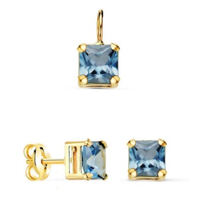 Parure pendentif et puces, pierre bleue carrée, or 18 carats et zircon - Essy